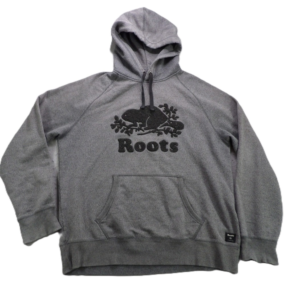 Roots Salt Pepper Hoodie Men XL Gray Beaver Logo Pullover Sweatshirt Canada